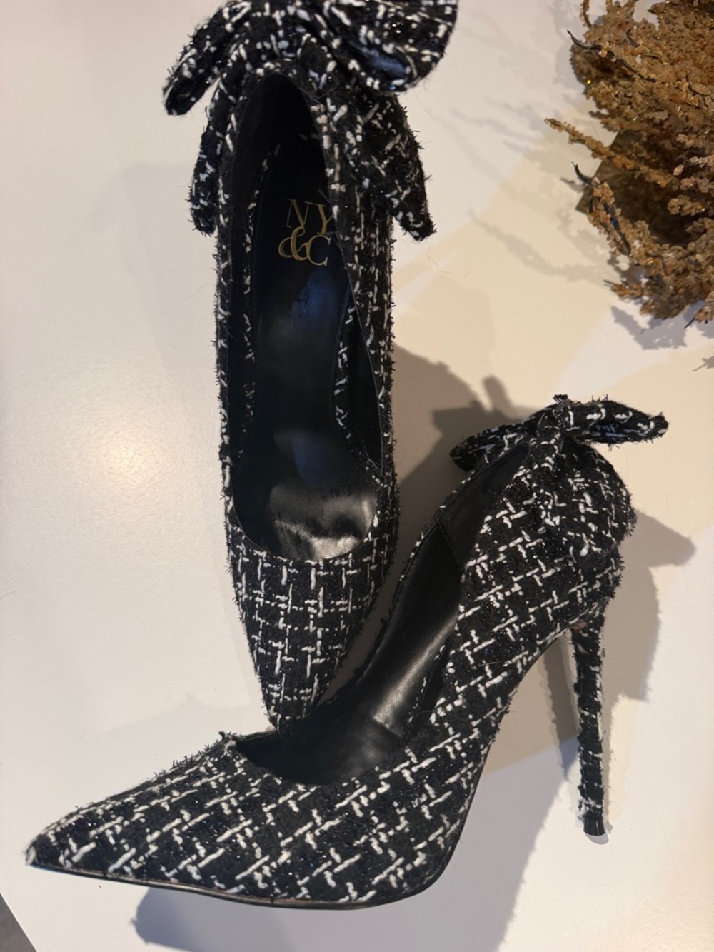 New York & Company Black and White Tweed Pointed-Toe Bow Heel Pumps